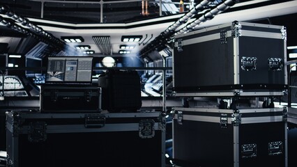 Fototapeta premium Laptop display in space station showing telemetry software during orbital flight. Notebook screen displaying spacecraft mission control interface during planetary expedition