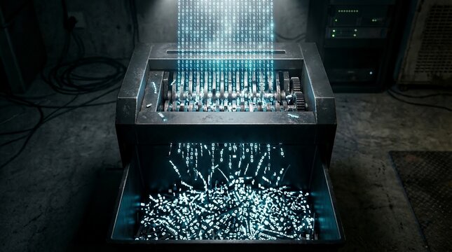 Data Security Concept with Binary Code Being Shredded by a Machine in a Dark Server Room for Information Protection