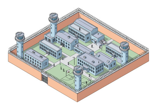 Isometric prison complex with guard towers, buildings, and recreational yard