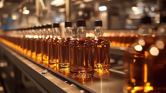 Bottled spirits on conveyor belt in factory