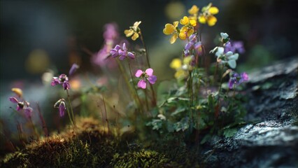 Fototapeta premium Delicate Wildflowers on Mossy Ground with Soft Light