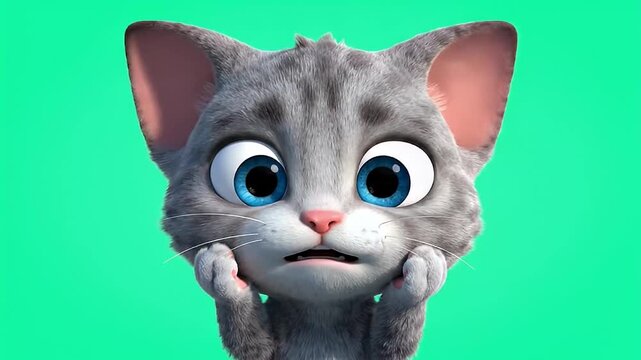Shocked 3D Animated Grey Kitten with Large Blue Eyes