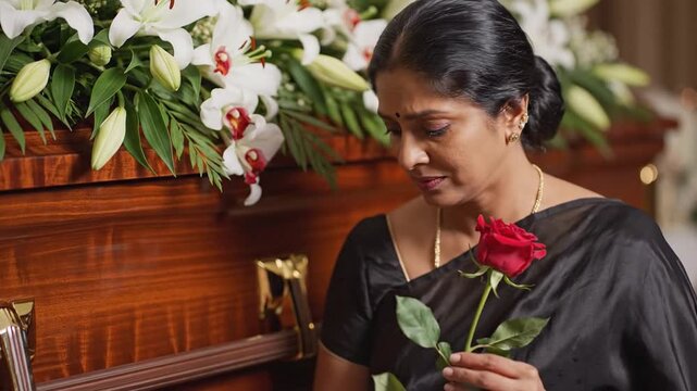 Indian woman in black saree holds red rose near wooden casket adorned with white lilies in a solemn indoor setting