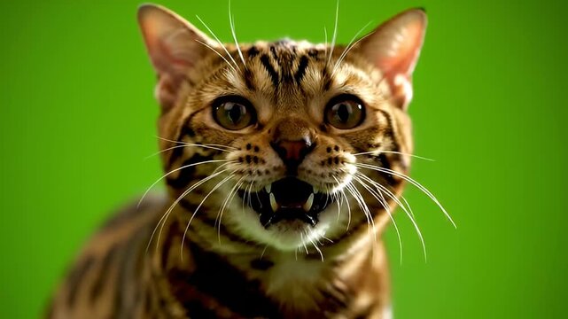 Shocked Bengal Cat Hissing with Mouth Open on Green Screen