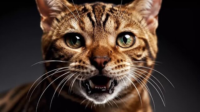 Close-up Portrait of a Shocked Bengal Cat with Open Mouth