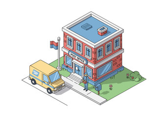 Obraz premium Isometric post office building with delivery van and postal worker on duty