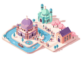 Fototapeta premium Diverse religious buildings and people in a stylized isometric cityscape with a river