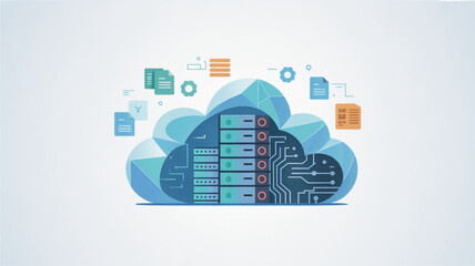 An illustration depicts a futuristic server inside a cloud surrounded by various icons.