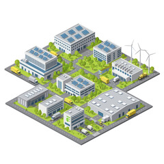 Isometric illustration of a modern industrial park featuring sustainable energy sources like solar panels and wind turbines, with various buildings, roads, and delivery trucks.