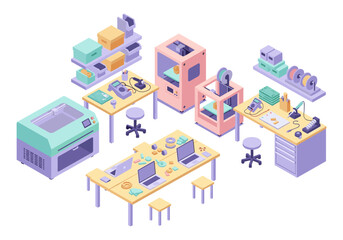 Fototapeta premium Isometric 3D printing and electronics workshop with tools and equipment