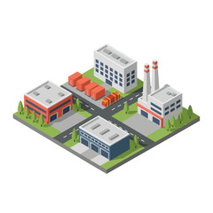 Isometric view of a modern industrial park with factories, warehouses, and shipping containers.