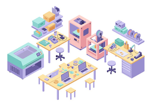 Isometric 3D printing and electronics workshop with tools and equipment
