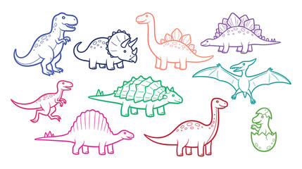  Colorful Dinosaur Icon Set — T-Rex, Triceratops, Brachiosaurus, Stegosaurus, Pterodactyl Line Art © Muhammad