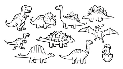 Dinosaur Icon Set — T-Rex, Triceratops, Brachiosaurus, Stegosaurus, Pterodactyl Outline Line Art © Muhammad