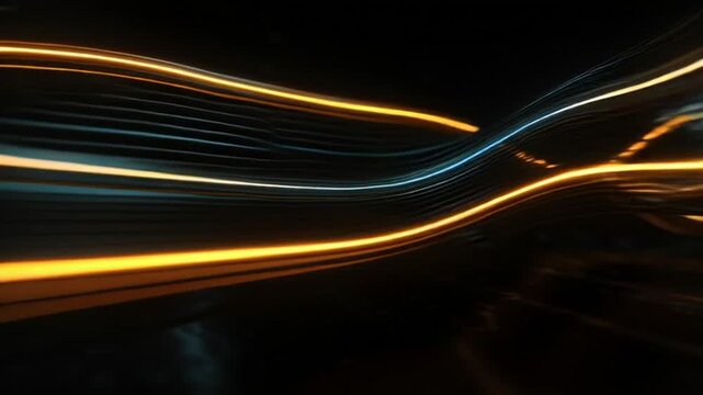 Glowing orange and white light trails wave through a dark background.