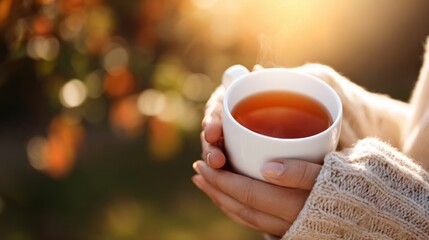 Hands holding steaming cup of tea in autumn sunlight. Warm sweater and soft bokeh background create calm atmosphere. Light wellness concept with comfort, relaxation and mindful living