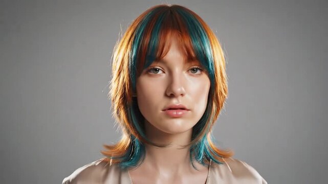 Young woman with vibrant orange and blue hair flips her hair, showcasing its texture and color in a neutral studio setting