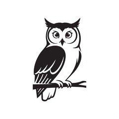 Obraz premium An owl perches on a branch, depicted in a black and white illustration.