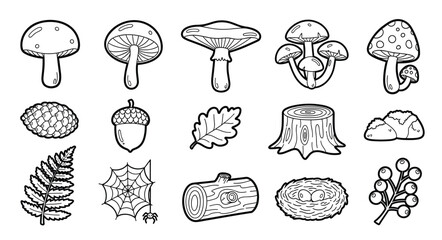 Forest and Nature Element Icon Set — Mushroom, Acorn, Oak Leaf, Tree Stump, Fern, Spider Web, Log, Berries, Toadstool, Stone Line Art © Muhammad