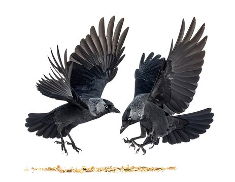 Two dark birds, wings spread, descending towards scattered food. White backdrop, birds facing each other
