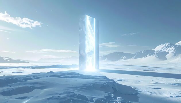 Glowing crystalline monolith standing in a vast frozen arctic landscape under a clear sky