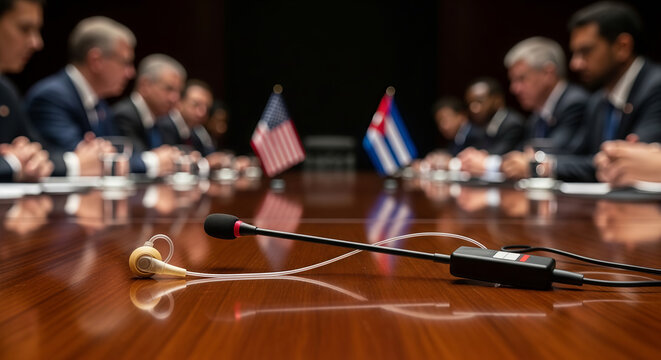 Diplomats sitting at conference table with United States and Cuban flags. Microphone and translator headset for international negotiations. Political summit in documentary style.