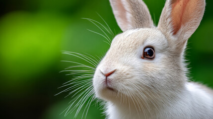 Obraz premium Adorable rabbit with twitching nose in lush greenery setting for pet enthusiasts and animal lovers