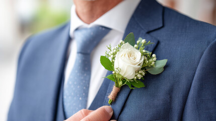Elegant groom attire with white rose boutonniere for wedding ceremony