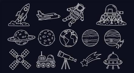 Dark Background Space and Astronomy Icon Set — Rocket, Saturn, Astronaut, Satellite, Moon, Earth, Meteor, UFO, Telescope, Comet Line Art © Muhammad
