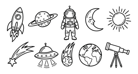 Sketch Style Space Icon Set — Rocket, Saturn, Astronaut, Crescent Moon, Sun, Comet, UFO, Meteor, Earth Globe, Telescope Line Art © Muhammad