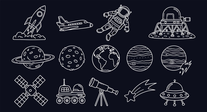 Dark Background Space and Astronomy Icon Set &mdash; Rocket, Saturn, Astronaut, Satellite, Moon, Earth, Meteor, UFO, Telescope, Comet Line Art