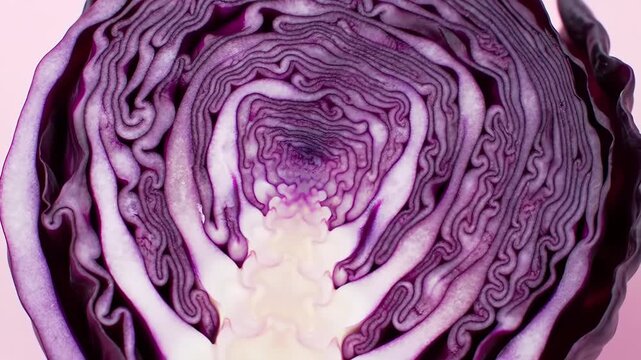 Close-up of a vibrant purple cabbage cut in half, revealing its intricate layers and textures.