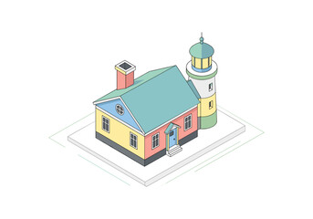 Fototapeta premium Isometric illustration of a colorful house with an attached lighthouse on a white background