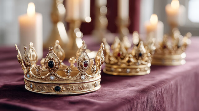 Luxurious royal crowns on velvet table setting with elegantly lit candles