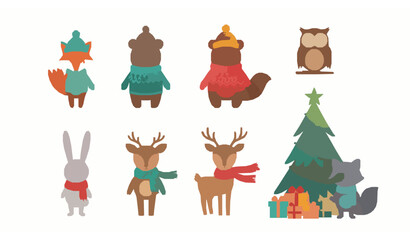 Fototapeta premium Playful woodland animals wearing winter sweaters and scarves celebrating around Christmas tree gifts vector illustration