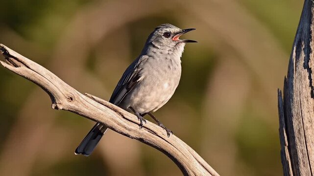 Close-Up of a Northern Mockingbird Singing on a Dry Branch
