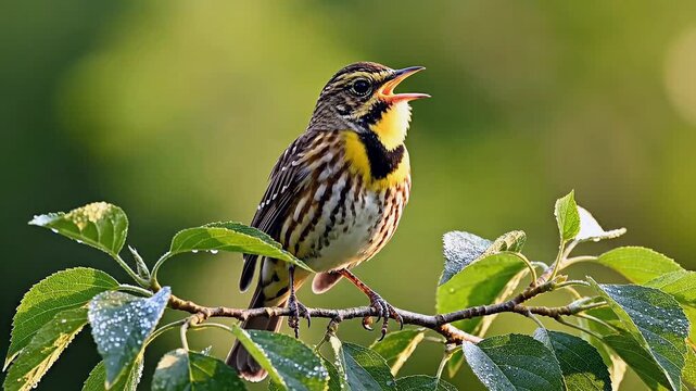 Close-up of a Meadowlark Singing on a Dewy Leafy Branch