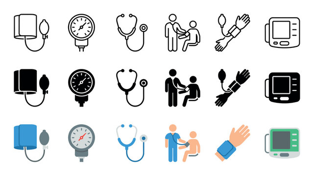 Blood pressure monitor and sphygmomanometer icon set showing medical checkup equipment in three different styles: outline, solid black glyph, and flat color vector illustration