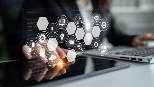 Hexagon interface combining AI, data, analytics, and cybersecurity. AI connects systems, data drives analytics, data supports decisions, and AI enables smart business infrastructure. Latch