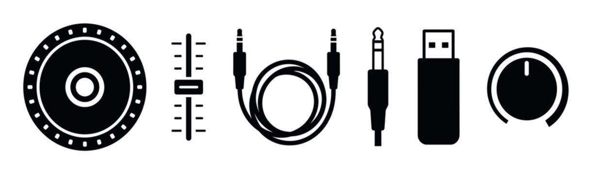 Set of black audio equipment icons including a jog wheel, fader, audio jacks, USB drive, and volume knob for music production and DJing concepts in a flat glyph style