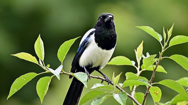 Close-up of a Eurasian Magpie Singing on a Leafy Green Branch