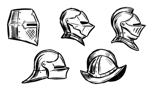 Collection of five medieval knight helmets hand-drawn in a rough black ink sketch style, showcasing different historical armor designs like the great helm, armet, and morion