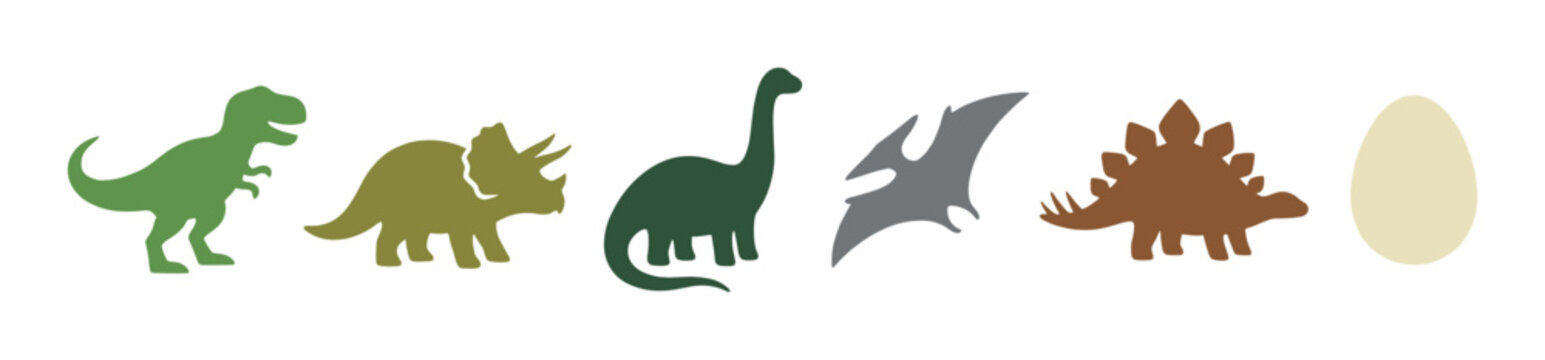 Set of colorful dinosaur silhouettes featuring a T-Rex, Triceratops, Brachiosaurus, Pterodactyl, and Stegosaurus with an egg, presented as a simple flat graphic icon collection