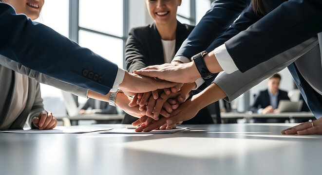 Business Team Stacking Hands Together in Modern Office &ndash; Teamwork and Unity Concept