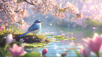 Obraz premium 満開の花と睡蓮が彩る水辺に小鳥が佇む春の幻想風景イラスト、川、花びら、水面、植物、自然、癒やし、背景、縦長、季節感、静かな雰囲気、透明感、和風情景