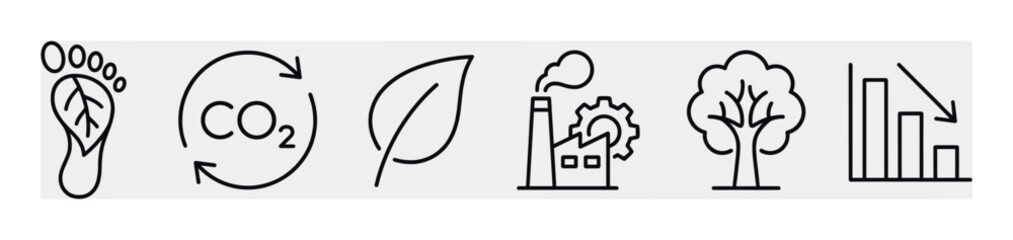 Obraz premium Six black outline icons for environmental sustainability concepts including carbon footprint, CO2 cycle, ecology, industry, and emission reduction in a minimalist line art style