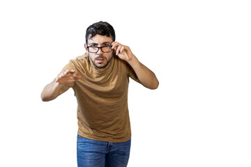 Fototapeta premium Man fixing glasses trying to see something moving forward carefully. PNG