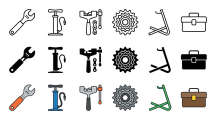 Bicycle repair and maintenance tool icon set with a wrench, pump, chain breaker, cassette, and stand, shown in three distinct styles: outline, solid glyph, and color