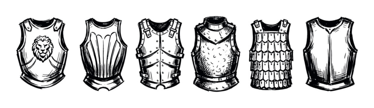 Collection of six hand-drawn medieval breastplates in a black and white sketch style, showing various designs from simple plates to ornate armor with a lion emblem for a warrior