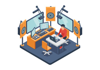 Obraz premium Isometric illustration of a person working in a modern sound recording studio with equipment
